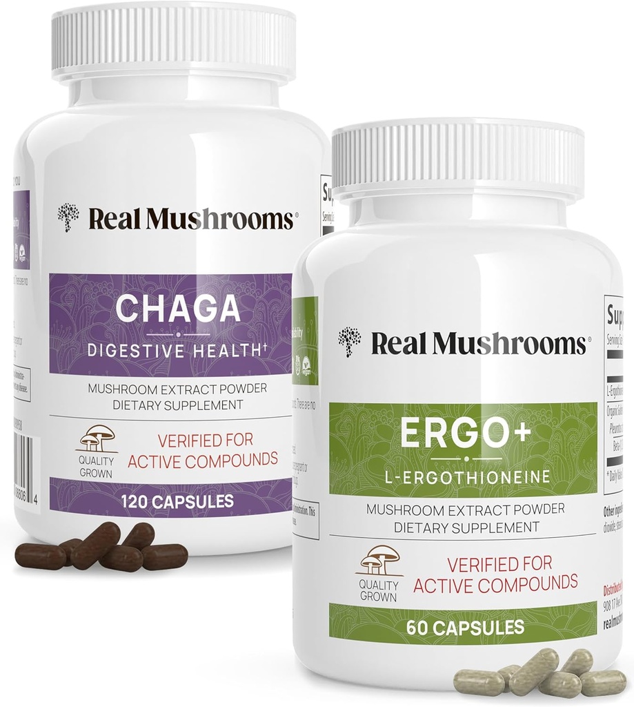 Real Mushrooms Ergothioneine (60ct) y Chaga (120ct) Bundle con Shiitake y Oyster Mushroom Extract - Longevidad, Salud Digestiva - Vegan, Gluten Free, Non-GMO - Apoyo natural para el envejecimiento saludable