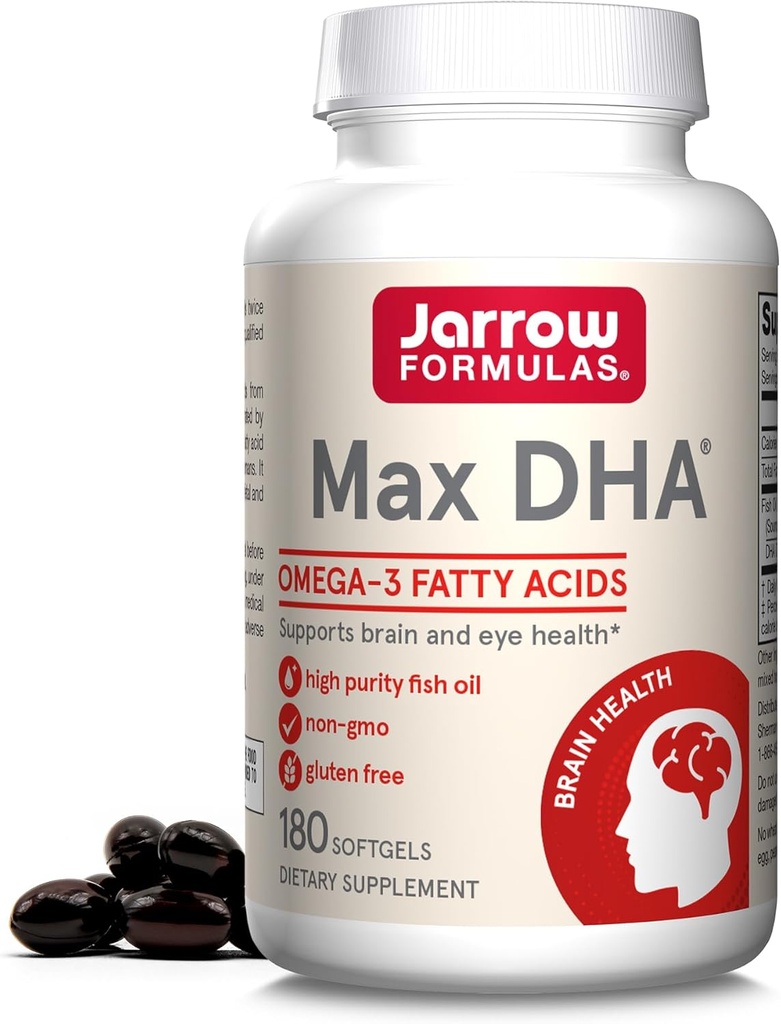 Fórmulas Jarrow MaxDHA - 180 Softgels - Aceite de pescado de alta pureza - Complementos Brain &amp; Eye Health - Concentrated in Omega-3 Fatty Acids &amp; Enriched in DHA - 90 Servings