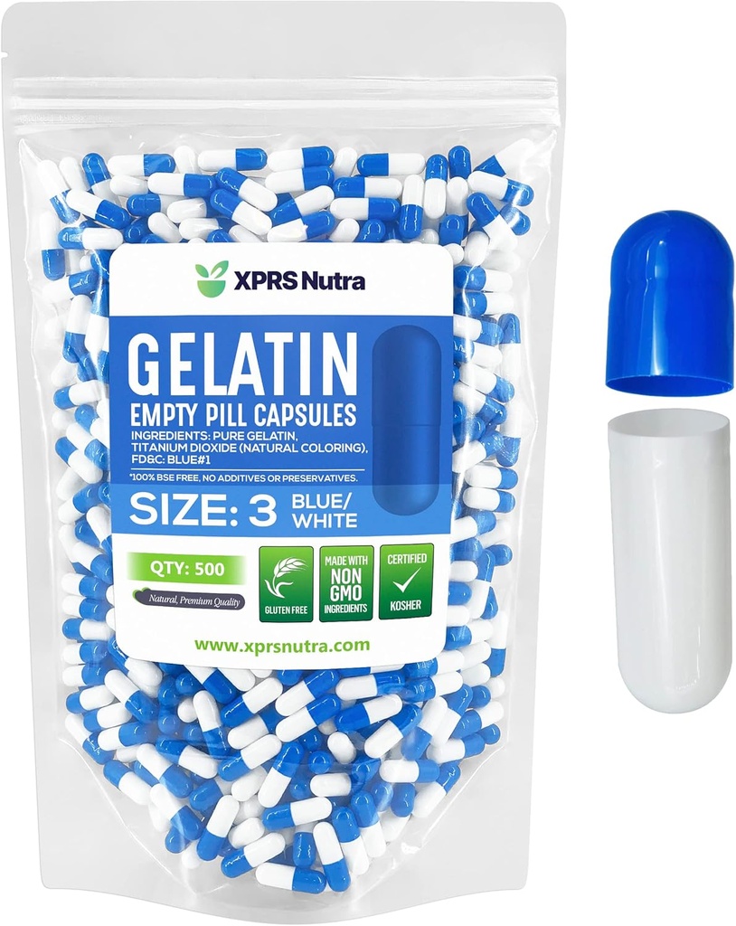 XPRS Nutra Size 3 Empty Capsules - 500 Count Empty Gelatin Capsules - Pills DIY Capsule Filling - Pure Bovine Pill Gel Caps Fillable for Do-It-Yourself Vitamins and Supplements (Blue/White)