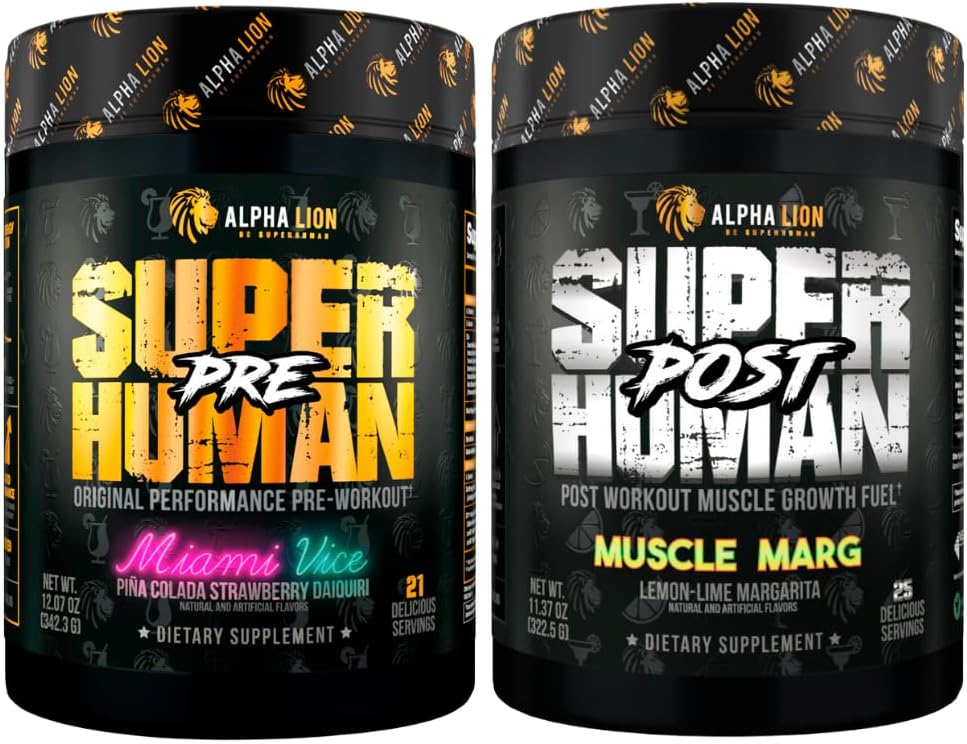 ALPHA LION Superhuman Pre Workout Powder & Post Workout Recovery Bundle, Sustained Energy & Focus + Lean Muscle Growth, Strength & Volume (Miami Vice &amp; Muscle Marg)