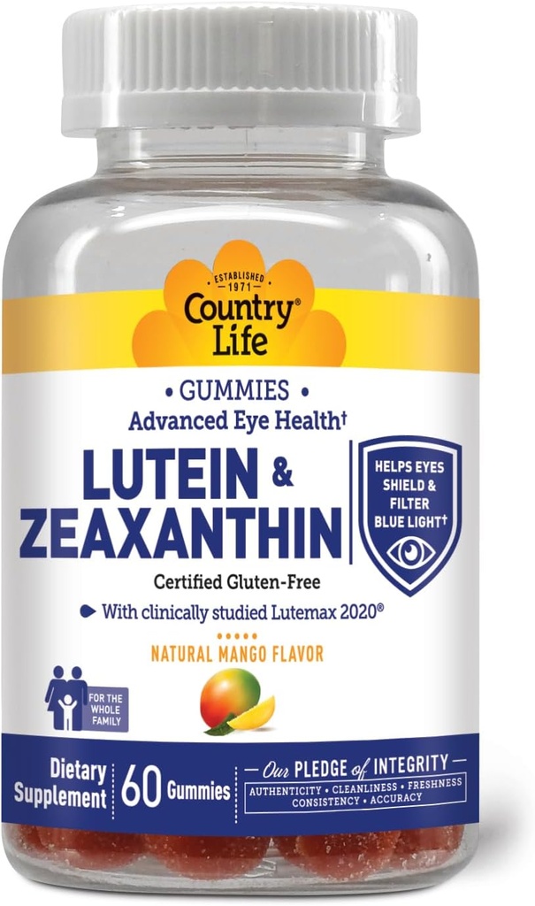 Country Life Lutein Gummies with Lutemax 2020, 60 Ct, Chewable Natural Eye Support Supplement, Marigold Lutein, Zeaxanthin, Eye Health & Macular Support, Non-GMO, Natural Fruit Pectin, Vegan