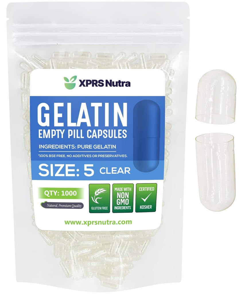 XPRS Nutra Size 5 Empty Capsules - 1000 Conde Muy Pequeño Empty Gelatin Capsules - Pills DIY Capsule Filling - Fillable Pill Gel Caps for Do-It-youself Vitamin Supplements