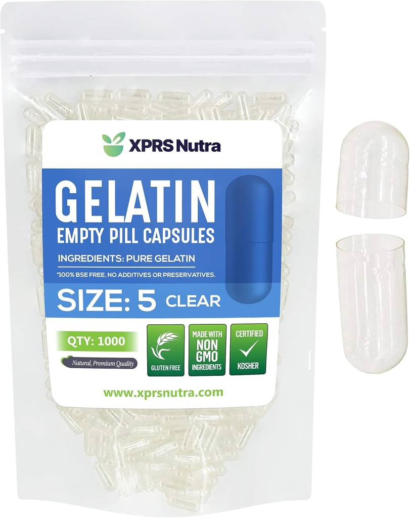 XPRS Nutra Size 5 Empty Capsules - 1000 Conde Muy Pequeño Empty Gelatin Capsules - Pills DIY Capsule Filling - Fillable Pill Gel Caps for Do-It-youself Vitamin Supplements