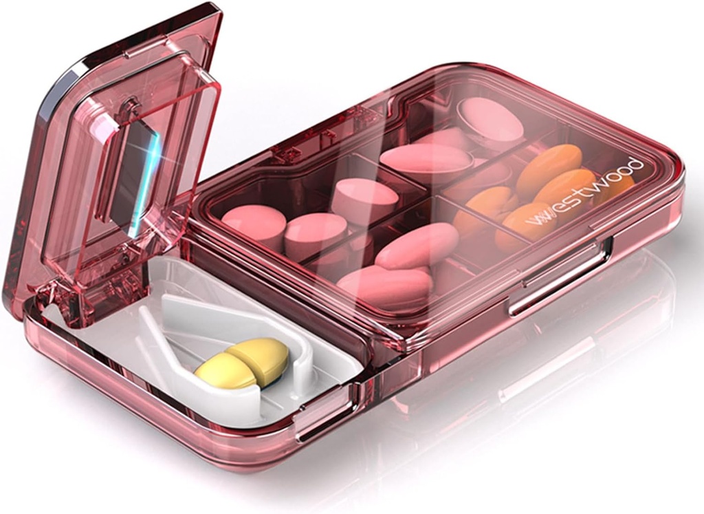 Organizador de píldoras de viaje con separador de pilas, caja de 4 platos, caja pequeña para el bolsillo, contenedor diario de píldoras para mantener suplementos de aceite de hígado de bacalao, Planificador de medicina (Pink)