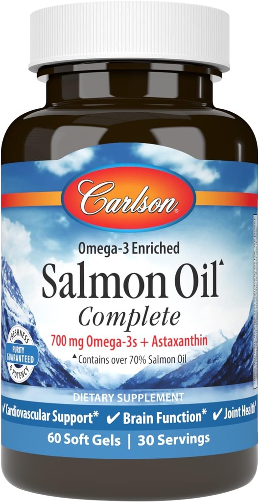 Carlson - Aceite de Salmón Completo, 700 mg Omega-3 + Astaxanthin, Soporte cardiovascular, Función cerebral " Salud Conjunta, 60 Softgels