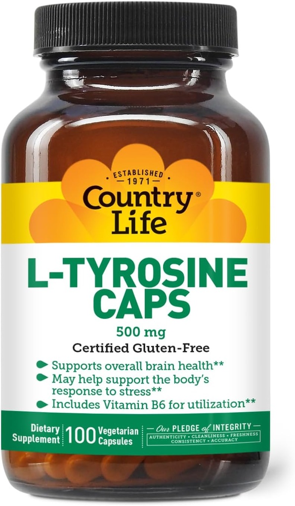 Country Life L-Tyrosine 500mg with Vitamin B6 Supplement - Certified Gluten-Free, Vegetarian, Kosher, Boosts Focus &amp; Energy, Supports Brain Health, Enhances Mental Clarity, Non-GMO - 100 cápsulas