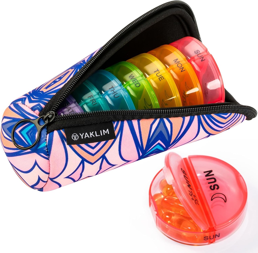 Yaklim Pill Organizer 2 veces al día, excelente calidad Neoprene Travel Pill Box, AM/PM Weekly Pill Containers 7 Día con bolsa de cierre de cremallera portátil para aceites de pescado vitamina (Pink)