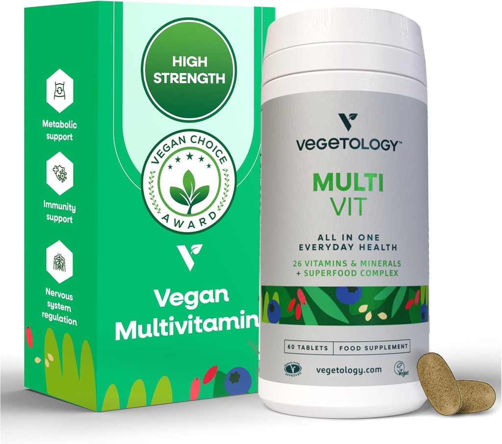 MultiVit Vegan Multivitamínico Suplemento, 26 Vitamina &amp; Minerales – Suplementos de vitaminas para Metabólicos, Función del cerebro &amp; Soporte Inmunitario – Multivitamina para Mujeres, Hombres &amp; Niños