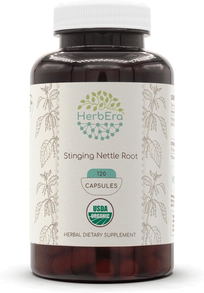 HerbEra Stinginging Nettle Root USDA 120 Cápsulas Orgánicas Silencio Natural Herbal Suplemento Silencio Certified Organic Vegetarian Capsules and Organic Stinginging Nettle (Urtica Dioica) Dried Root (120 Cápsulas)