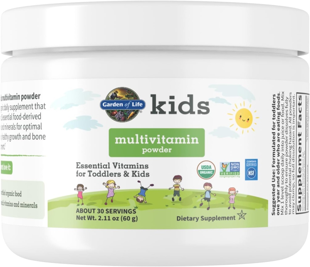 Garden of Life Kids Multivitamin Powder, Daily Vitamins and Minerals for Toddlers &amp; Kids - Organic Toddler Multi Powder with 15 Vitamin C, D3, Zinc for Healthy Growth - Gluten Free - 30 Day Supply