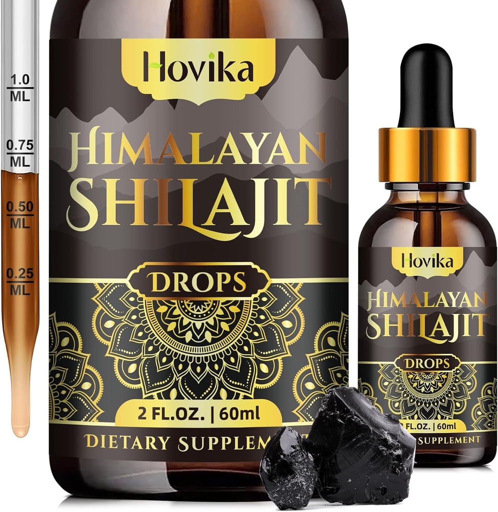 Himalayan Shilajit Resin Liquid Drops, Puro Himalayan Shilajit Resin 600mg con Ayurvedic Blend &amp; 85+ Trace Minerals & Fulvic Acid for Brain Booster &amp; Energy Immune Support, 2 Fl Oz