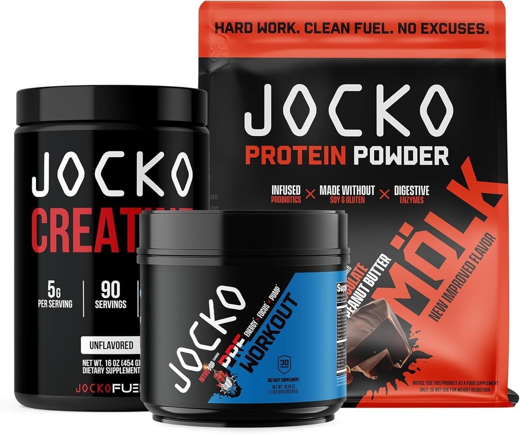Jocko Fuel 3 Pack Bundle - Creatina, mantequilla de maní de chocolate MOLK Protein, " Nitro Pop Pre Workout