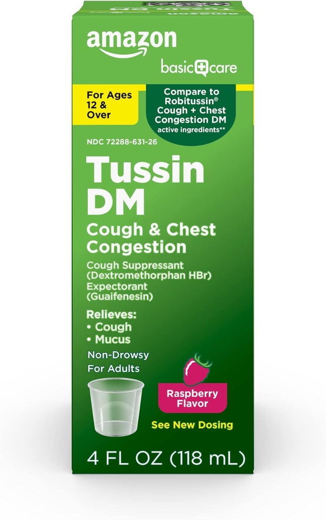 Cuidado básico Tussin DM, Tos Plus Chest Congestion Syrup for Adults and Ages 12 and Over, Raspberry Flavor, 4 fl oz (Pack of 1)