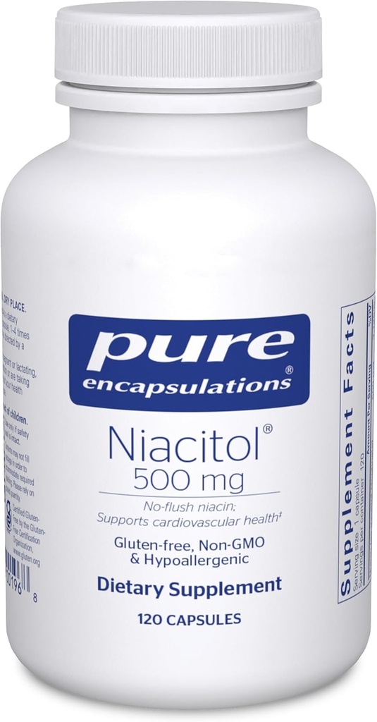 Encapsulaciones puras Niacitol 500 mg  Hipoallergenic No-Flush Niacina para soportar la digestión, síntesis de hormonas y formación de tejidos TEN 120 cápsulas