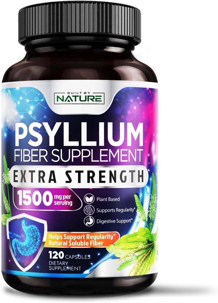 Psyllium Husk Capsules 1500mg - Suplemento de fibra - Láminas de fibra de solución natural con psyllium Husk Powder - Apoyos Gut digestivo y salud de colon - No GMO, libre de gluten, Vegan - 120 cápsulas