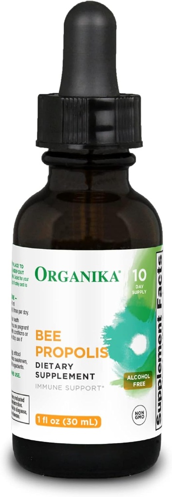 Organika Bee Propolis Tincture 1 oz: Vegan Propolis Extract - Throat and Breathing - Free of Gluten, GMO, & Artificial Flavors - 10 Day Prop Drops Supply