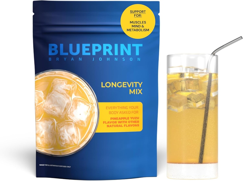 Blueprint Bryan Johnson Longevity Mix - Muscle Builder &amp; Recovery Supplement - Promotes Focus and Balanced Mood - Magnesium, Creatine, L-Theanine, Glutathione &amp; Vitamina C- 30 Servings, Pineapple Yuzu