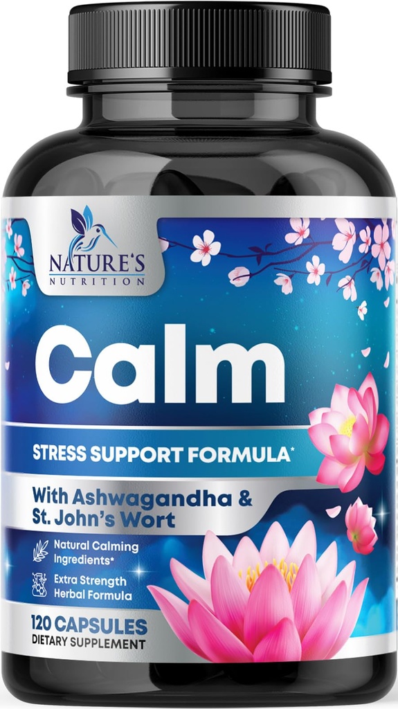 Natural Calma, Relájate y Relájate - Ashwagandha, GABA, Magnesium, L-Theanine &amp; More - Natural Focus, Energy &amp; Immune Support - Nature's Non-GMO, Vegan, Gluten Free, Bottled in USA - 120 cápsulas