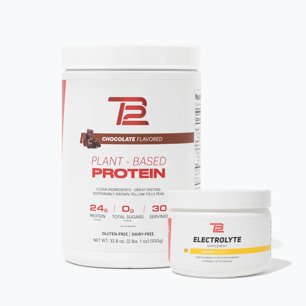TB12 Bundle de hidratación con base en plantas (Chocolate Protein Powder &amp; Lemonade Electrolytes), Soporte Muscle Recovery & Hydration, Dairy Free, Non-GMO, Soy-Free
