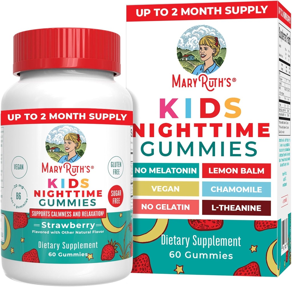 MaryRuth Organics Kids Nighttime Gummies ← Sugar Free ← NO Melatonin with L Theanine, Lemon Balm, Chamomile, Vitamina B6 Silencio Relajación Apoyo para los niños 2+ ← Vegan ← No-GMO Silencio Gluten Gratis ← 60 Conde