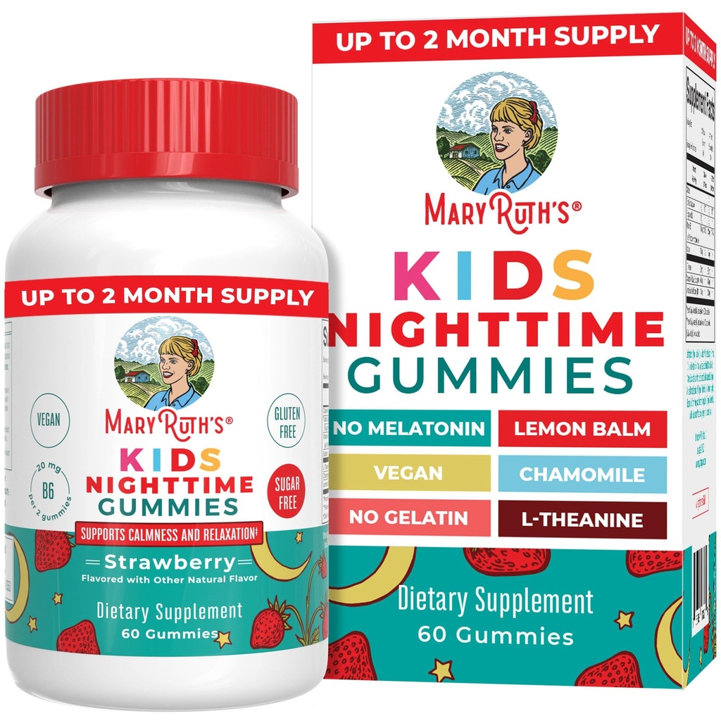 MaryRuth Organics Kids Nighttime Gummies ← Sugar Free ← NO Melatonin with L Theanine, Lemon Balm, Chamomile, Vitamina B6 Silencio Relajación Apoyo para los niños 2+ ← Vegan ← No-GMO Silencio Gluten Gratis ← 60 Conde