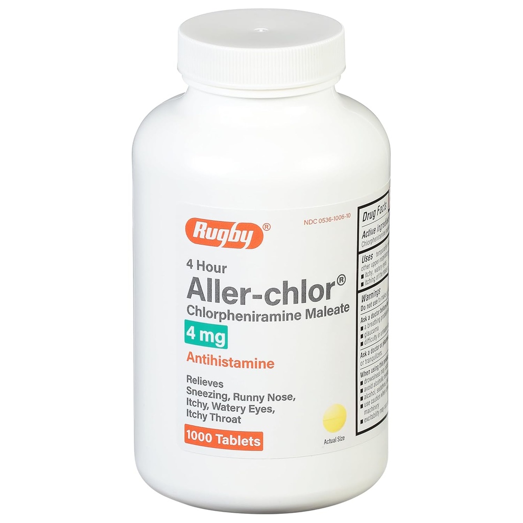 Rugby 4 horas de cloro de alcantarillado - Clorpheniramina Maleate 4 mg - Antihistamina - 1000 tabletas (1 paquete)