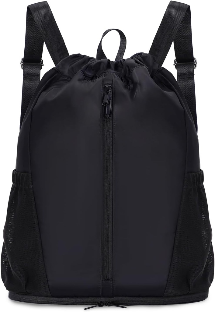 sportnew Drawstring Backpack Sports Gym Bag with Shoes Compartment, String Backpack Cinch for Women Men, Water-Resistant Drawstring Bag for Workout Travel, Lightweight, Black, Patent Pending