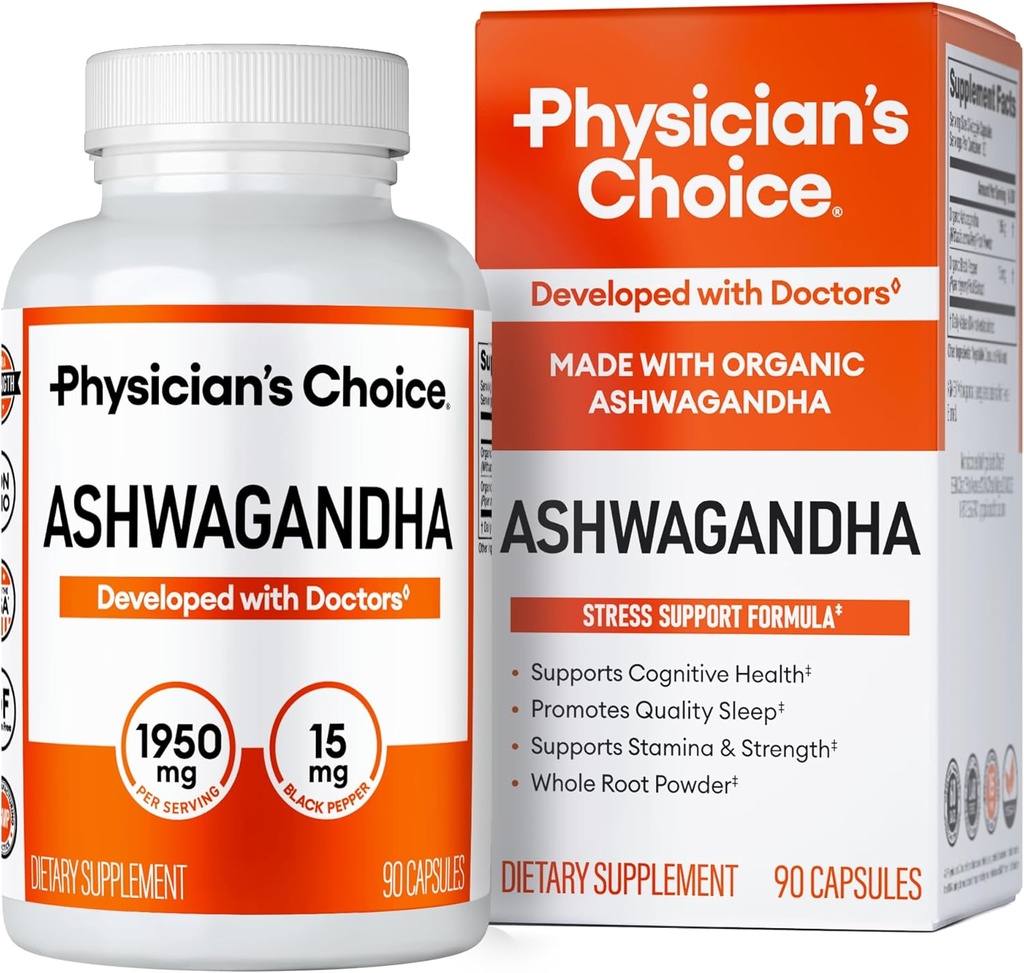 Physician's CHOICE Ashwagandha Suplemento - 1950 mg de biodisponible orgánico Ashwagandha Root Powder - Black Pepper Extract, Stress Support, Mood Support Supplement, 90 Veggie Ashwagandha Capsules