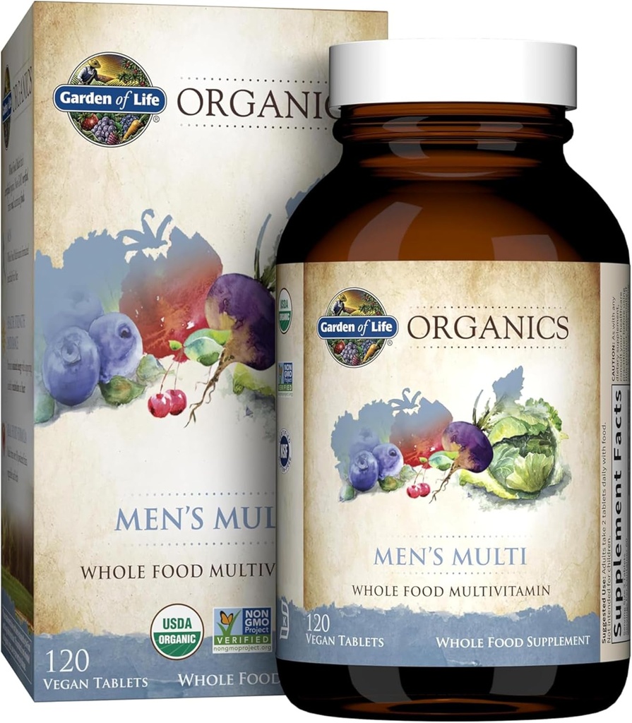 Jardín de Vida Orgánicas Alimento completo Multivitamina para Hombres, 120 Tabletas, Vegan Mens Vitaminas y Minerales para Salud y Bienestar, Certificado Orgánico Vegan Multi