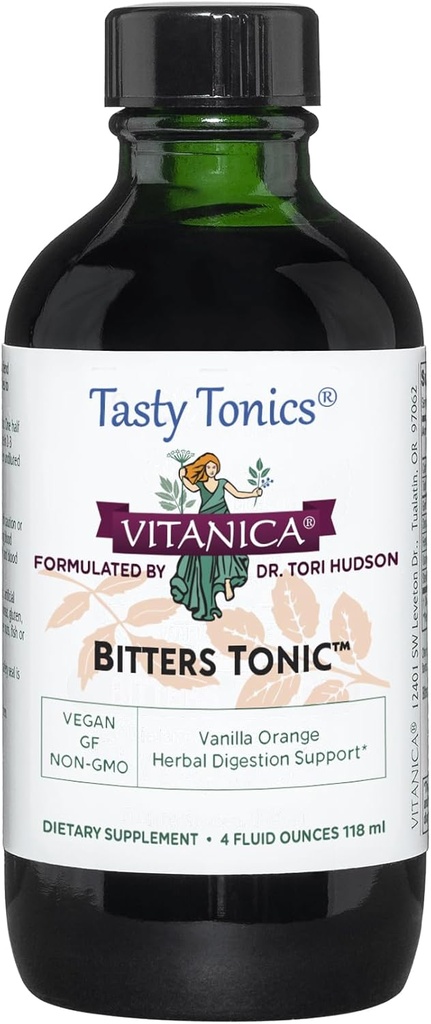 Vitanica Bitters Tonic, Suplemento de Digestión Líquida, Apoyo a la Digestión, Alcohol Gratis, Vanilla Orange, Vegan, 4 onzas (Bitters Tonic)