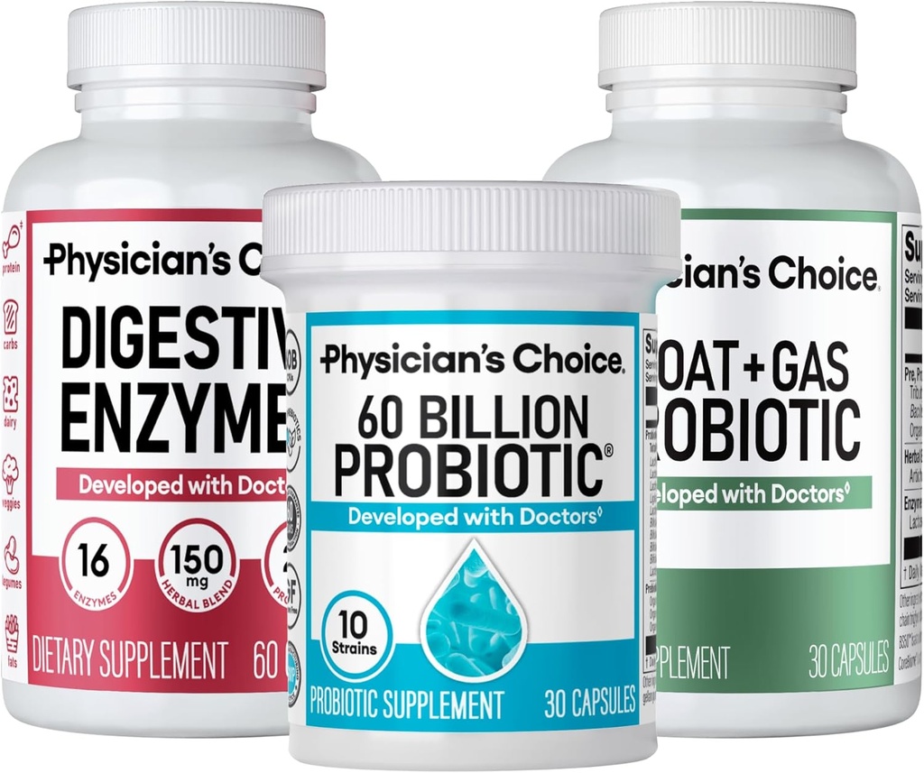 CHOICE Gut Guardian Bundle: 60 Billion Probiotic 30ct + Bloat &amp; Gas Probiotic 30ct + Enzymes Digestivos 60ct