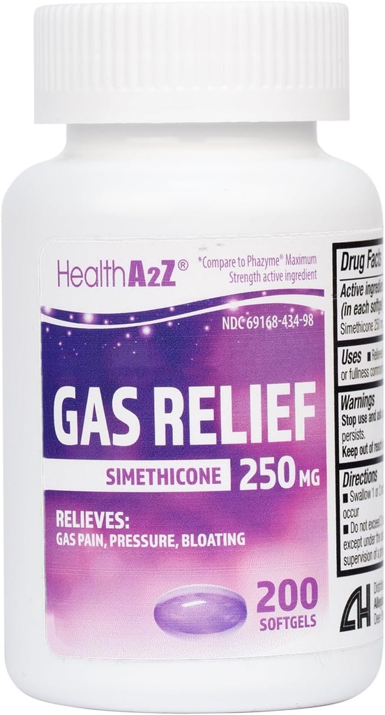 HealthA2Z® Gas Relief Simethicone 250mg ← Fast Gas Relief ← Alivio Alivio Alivio Alimentario Naturalmente (200 Softgels (Pack of 1))