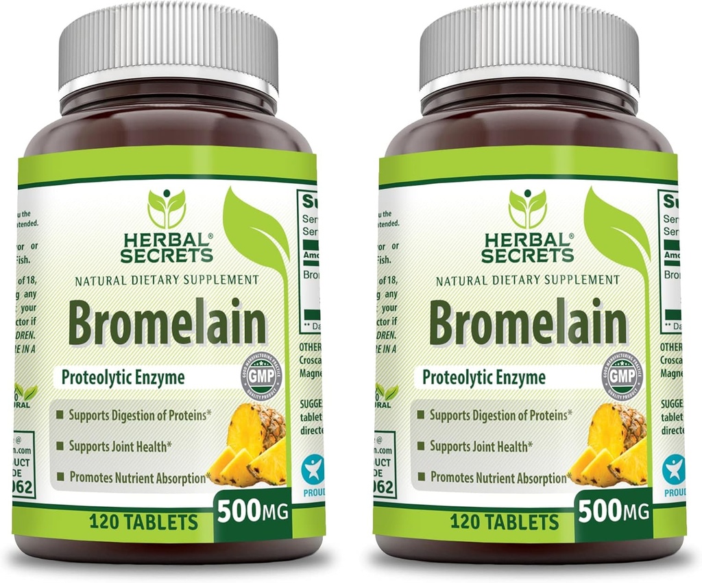 Herbal Secrets Bromelain 500 Mg 120 Tablets Supplement ⋅ Pack of 2 ← Non-GMO TEN Gluten Free ← Made in USA