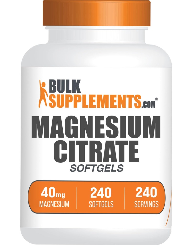 BulkSupplements.com Citrato de magnesio Softgels - Suplemento Magnesio, Suplemento de Citrato de Magnesio - 250 mg (con 40 mg de Magnesio), Gluten Free, 1 Softgel por Serving, 240 Conde (Pack of 1)
