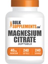BulkSupplements.com Citrato de magnesio Softgels - Suplemento Magnesio, Suplemento de Citrato de Magnesio - 250 mg (con 40 mg de Magnesio), Gluten Free, 1 Softgel por Serving, 240 Conde (Pack of 1)