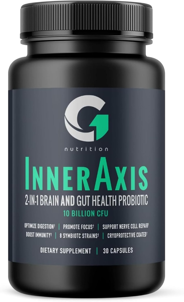 InnerAxis 2-en-1 Brain and Gut Health Probiotic, 10 Billion CFU, 8 Strains Symbiotic para Gut, Psychobiotic, Mood and Brain Support, Acidophilus Probiotic for Women and Men, 30 Servings