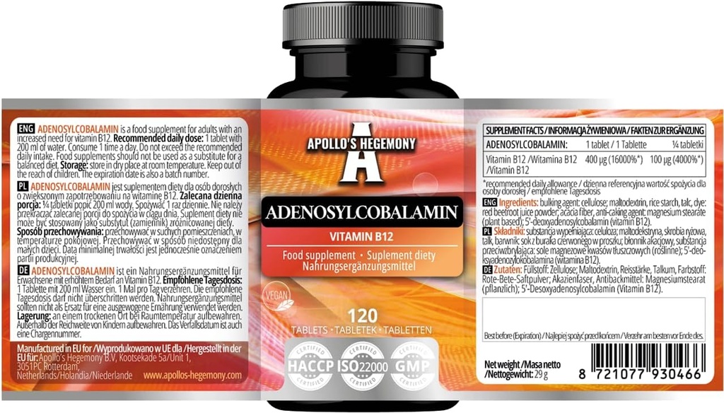 Adenosylcobalamin 120 Tabletas - Optimal Bioavailable Vitamina B12 para el metabolismo energético mejorado - 480 Servimientos - Suplemento dietético