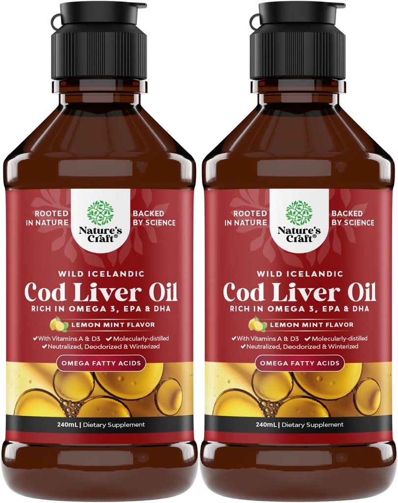 Islandia Wild Caught Cod Liver Oil Liquid - Fish Oil Drops with Omega 3, EPA, DHA, Vitamin D &amp; A - Liquid Cod Liver Supplement for Heart, Joint, Brain & Immune Support - 240 ml (8 onzas) 2 Pack