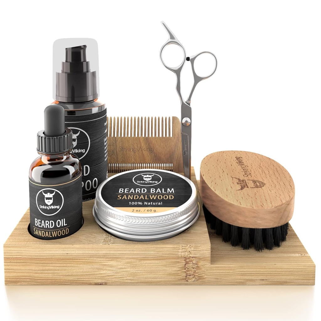 Striking Viking Beard Growth Kit - 7-Piece Set, Sandalwood Scent & Caddy - Oil &amp; Balm with Beard Brush, Dual-Sided Comb & Tijeras plus Mustache Comb for Grooming & Styling