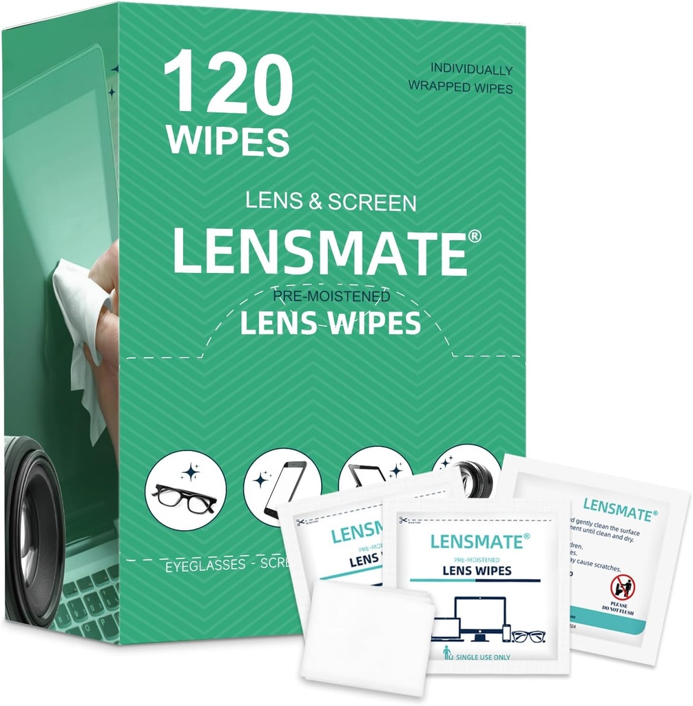 Lensmate 120 Cuenta Lens Wipes for Eyeglasses, Pre-Moistened " Individually Wrapped Eyeglass Wipes, Lens Cleaning Wipes for Eyeglasses, Sunglasses, Goggles and Camera Lens
