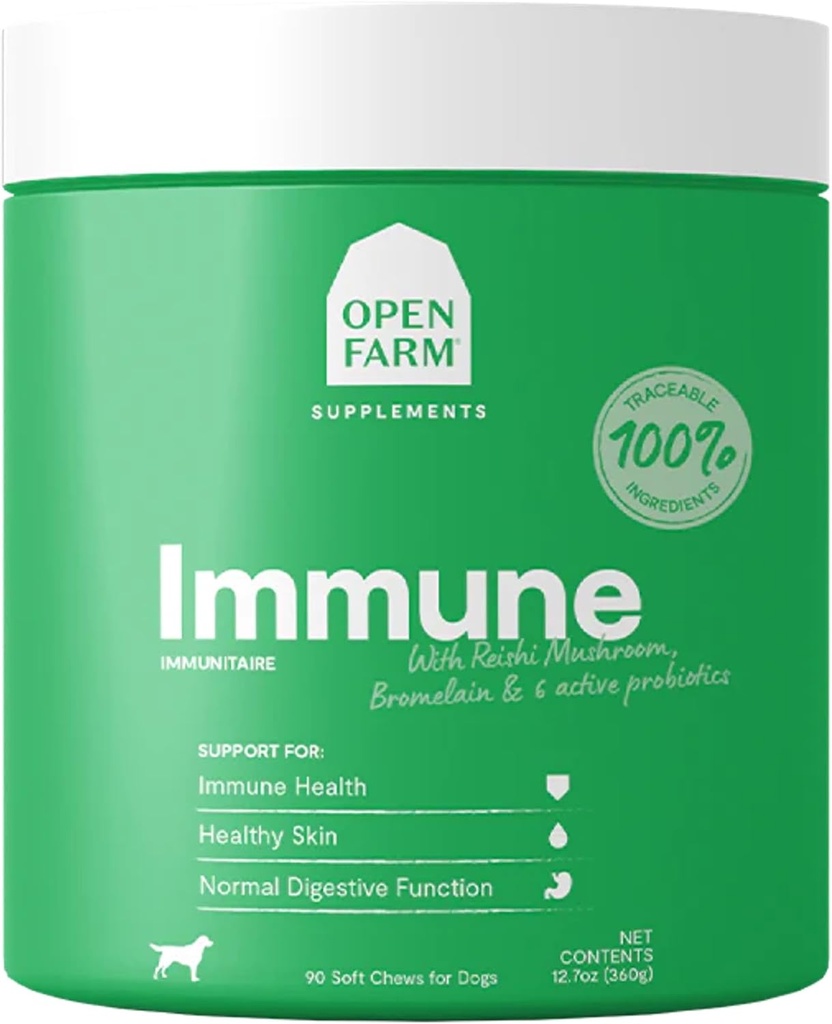 Open Farm Immune Chews, Suplemento de perros con ingredientes de base vegetal y probióticos para soporte de inmuno y piel, 12.7 oz, 90 condes