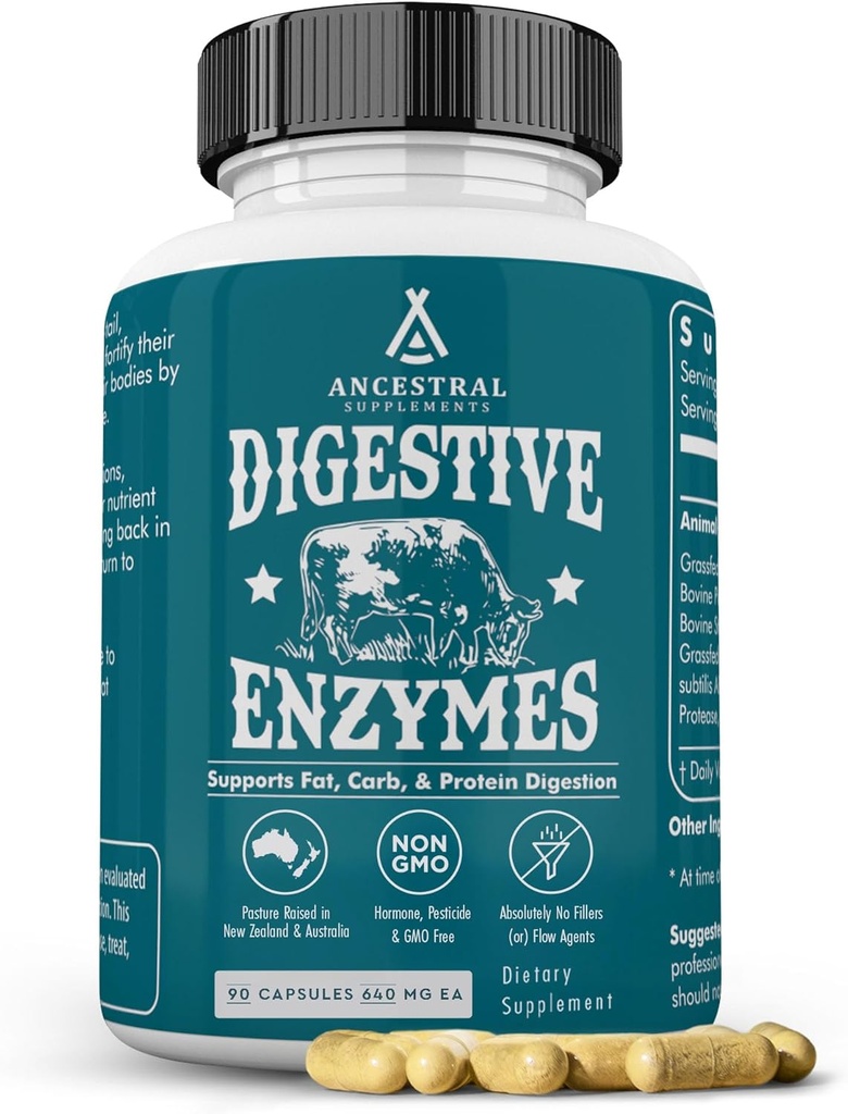 Suplementos ancestrales Enzimas digestivas para hombres de mujeres, 90 cápsulas, con órganos de carne de probióticos y de grano, apoya la salud de Gut, la salud digestiva " Absorción de nutrientes, libre de alérgenos, no GMO