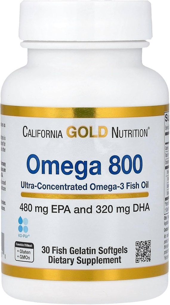 California Gold Nutrition Omega 800 Ultra-Concentrated Omega-3 Fish Oil, kd-pur® Triglyceride Form, 30 Fish Gelatin Softgels (1,000 mg por Softgel)