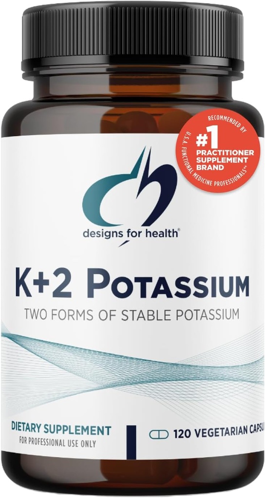 Diseños para la salud K+2 Potasio - 300mg Dos Formas de Potasio - Bicarbonato de Potasio + Píldoras Glycinadas - Suplemento Apoyo para Ayudar Mantener Niveles de Presión Sanitaria Saludables (120 Cápsulas)