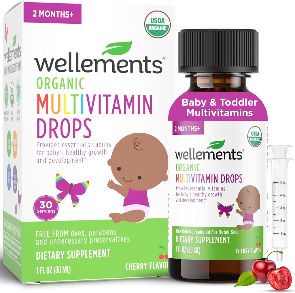 Wellements Organic Baby Multivitamin Drops (1 Fl Oz) - Cherry Flavor Liquid Multivitamins for Infants &amp; Toddlers (2 Mes+) - Vitaminas Toddler para Immune Support*, Healthy Growth & Bone Development*