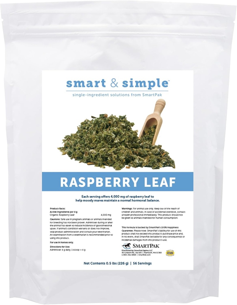 Smart & Simple Raspberry Leaf | Horse Moody Mare Supplement | Organic Whole Leaf | Single Ingredient | Equine Supplement | 56 Servings | 0.5 lb Bag