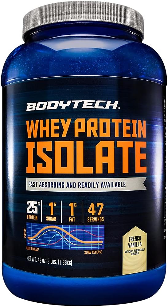 BODYTECH Whey Protein Isolate Powder - con 25 Grams de Protein por Serving &amp; BCAA's - Ideal para el edificio del músculo después del entrenamiento " Crecimiento, Contiene leche " Soy - Vanilla (3 libras)