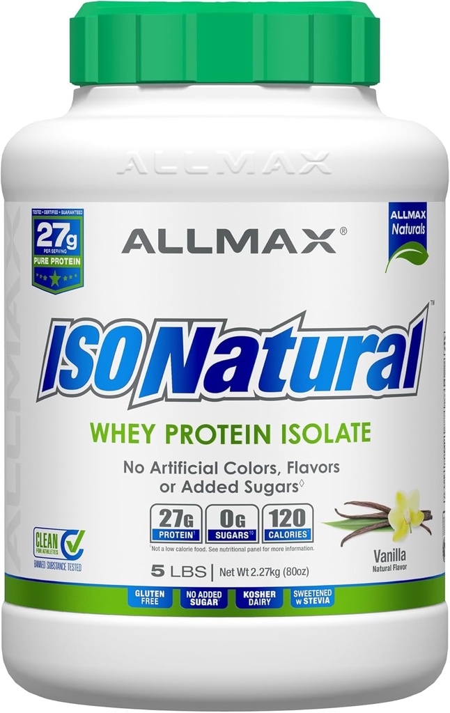 ALLMAX Nutrition ISONATURAL Whey Protein Isolate, Vanilla - 5 lb - 27 Grams of Protein Per Scoop - Zero Fat & Sugar - 99% Lactose Free - with Prebiotics - No Artificial Flavors - 73 Servings