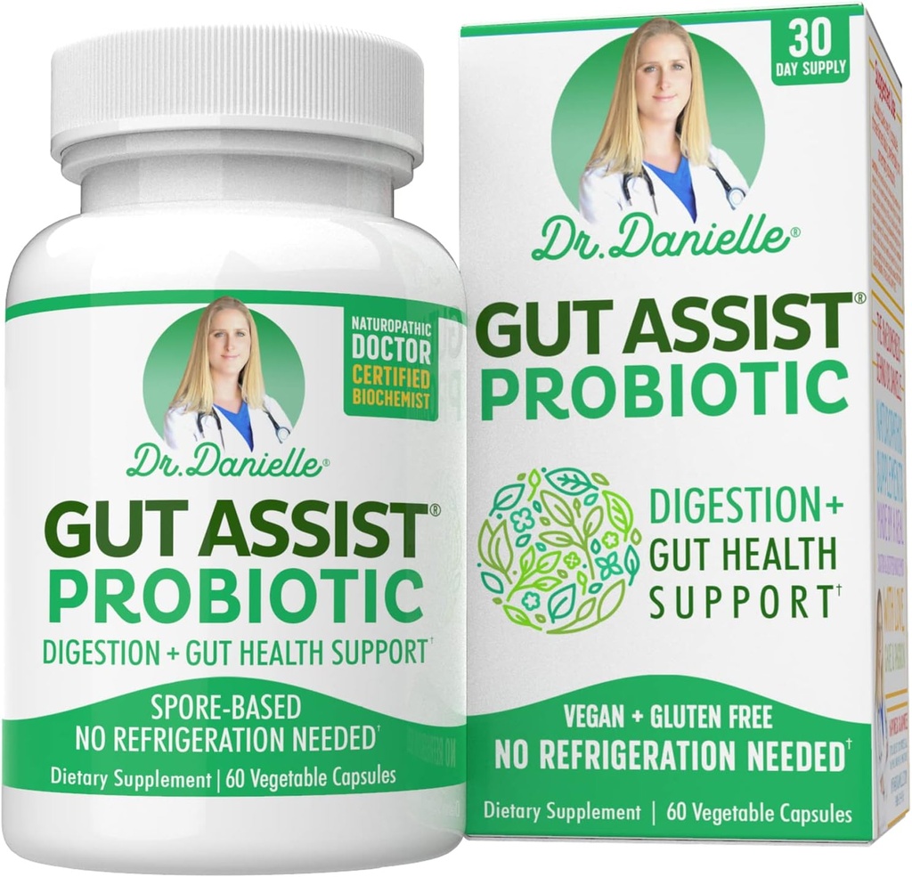Gut Assist Probiotic - Probióticos para Mujeres y Hombres, Adultos por Dr. Danielle - Shelf Stable Probiotic Supplement - No Refrigeration Necessary - Bacillus - 60 cápsulas