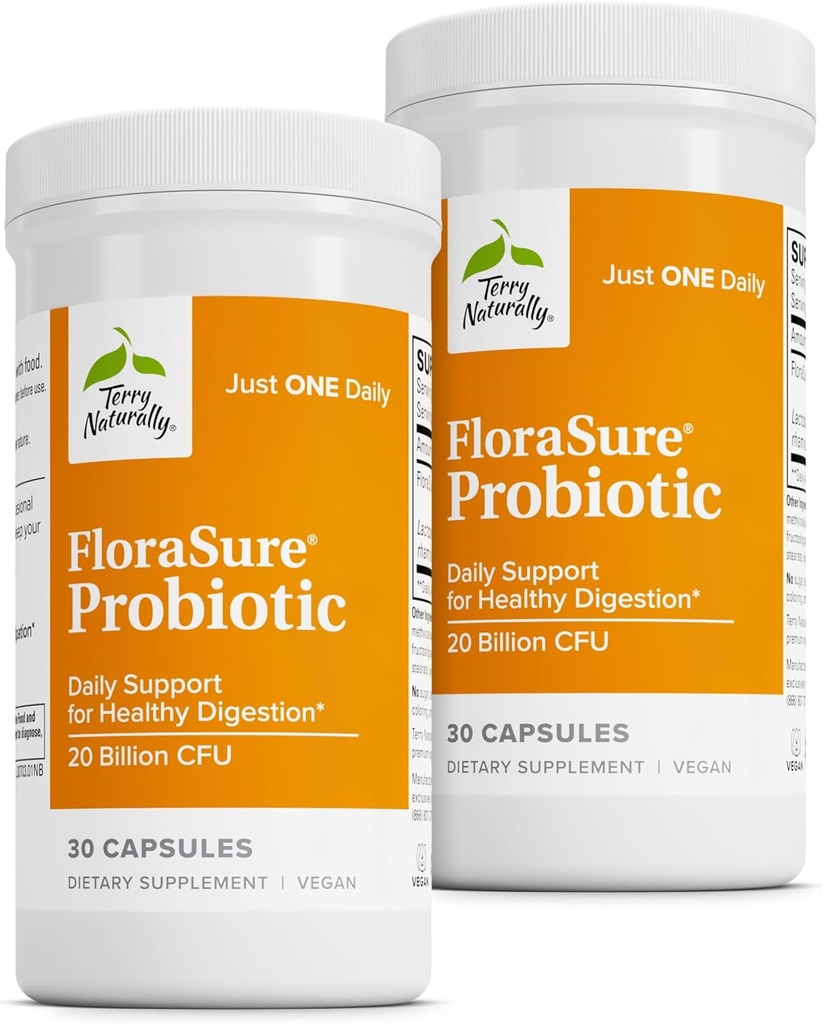 Terry Naturalmente FloraSure Probiótico - Digestión Suplemento de Ayuda Contra el Bloating ocasional &amp; Apoyo Gas Alivio - Gut Health Support with Bifidobacterium Bifidum - 30 Capsules (Pack of 2)